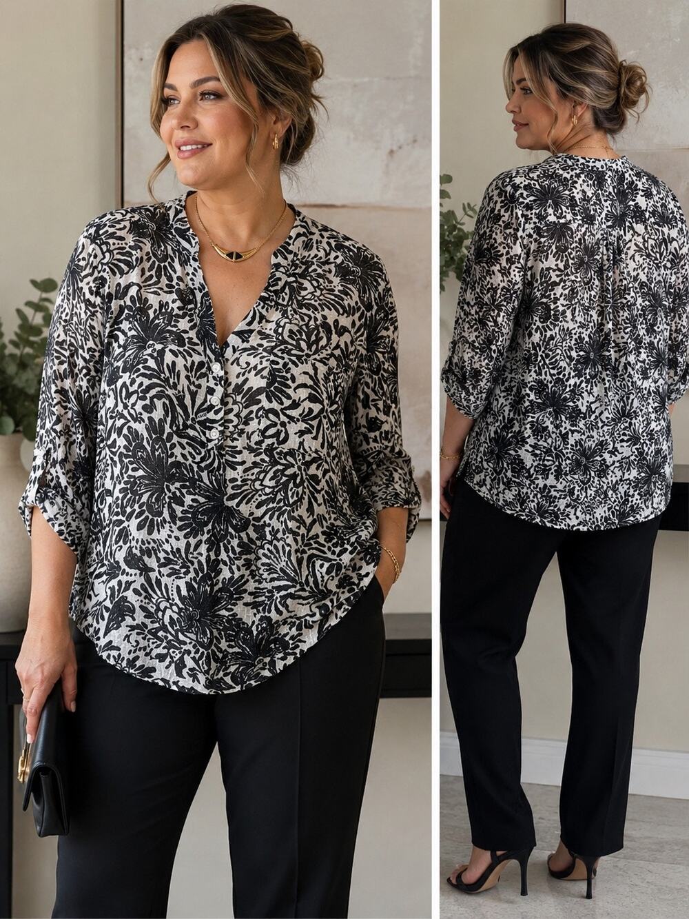 Charlie B Black & White Floral Gauze Cotton Modal Blouse XL Lightweight